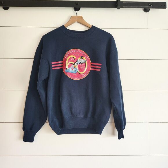 Vtg 90s Ducks Unlimited Sweatshirt Mens M 60 Years Wetland Conservation Navy USA - Picture 1 of 7
